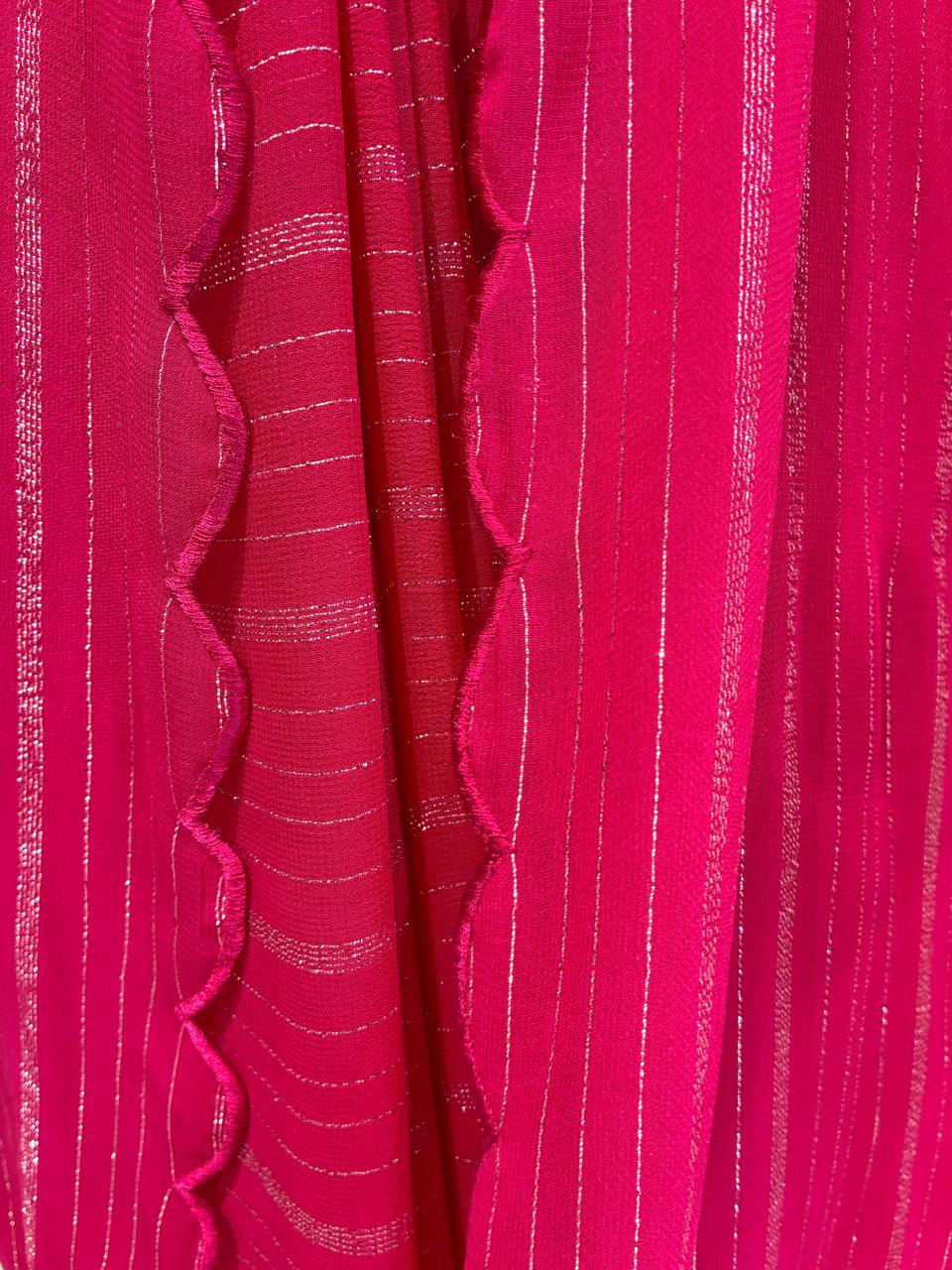 Rose Radiance – Silver Striped Shimmer Saree for wedding and festive wear