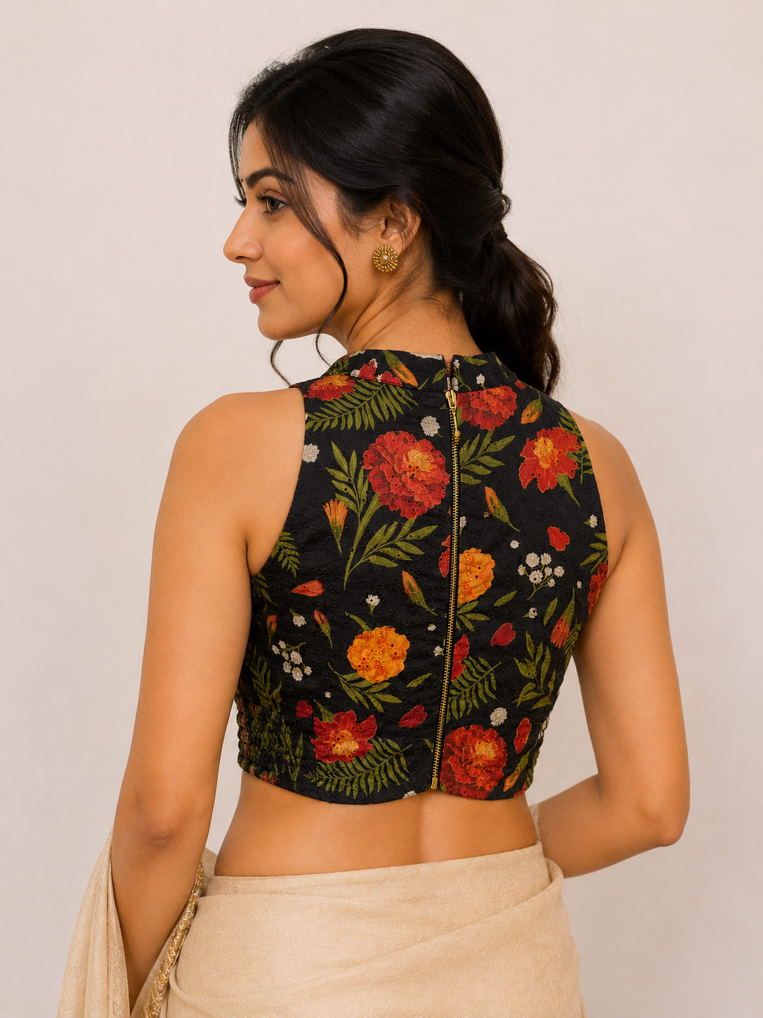 Black Printed Blouse with Side Shirring