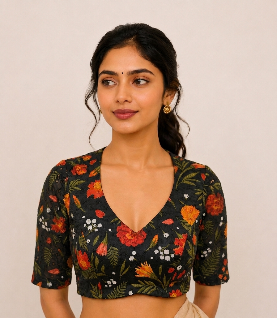 Black Printed Blouse with Side Shirring