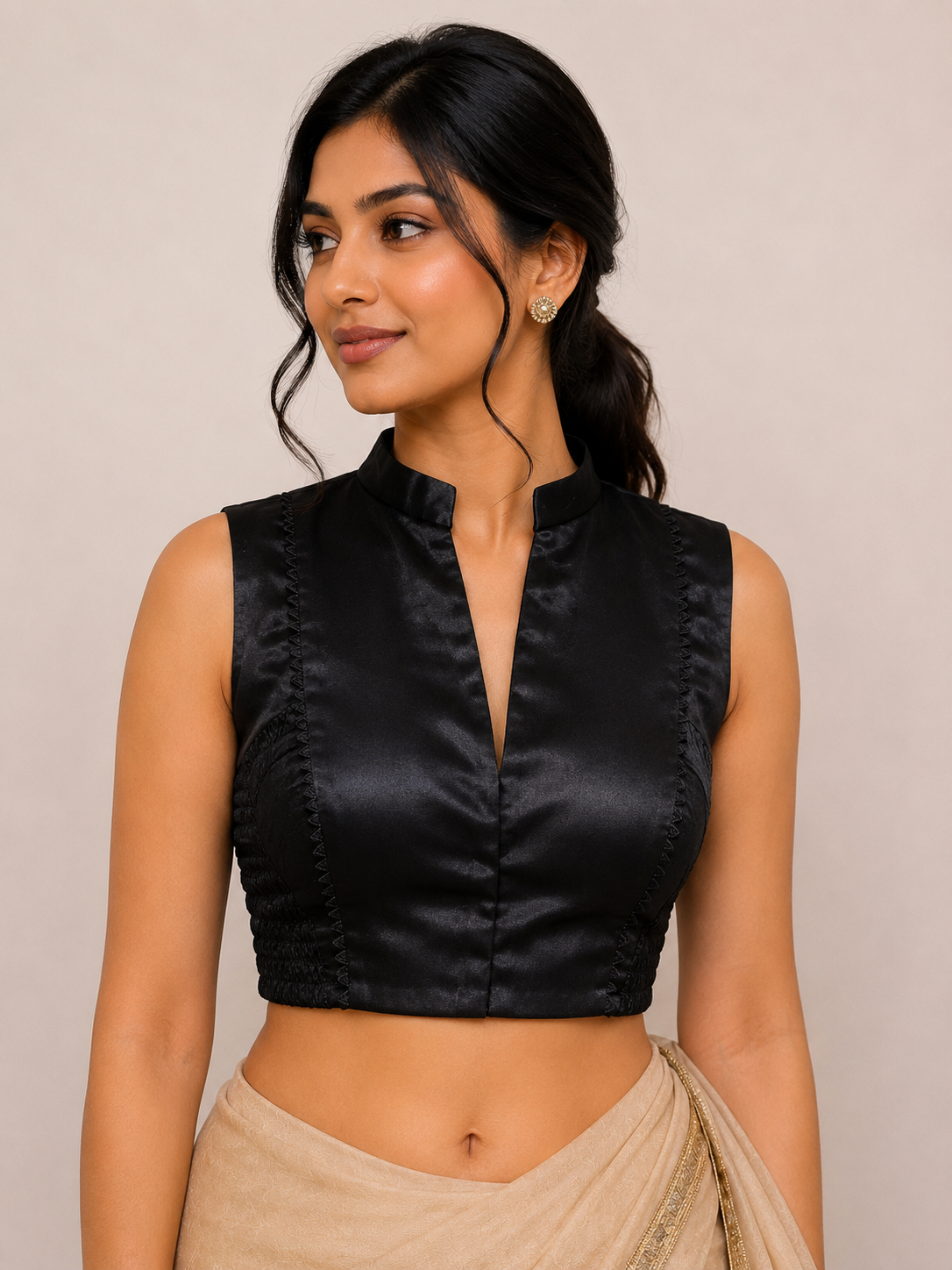 Black Mashru Blouse with Lace-Accented Panel Detailing for festive and wedding wear and side sherring