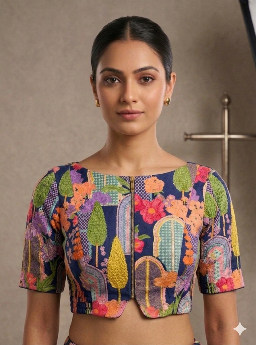 Blue Printed Blouse with Side Shirring