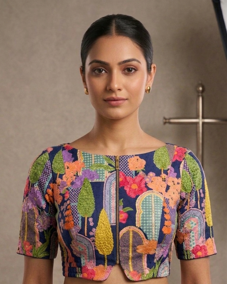 Blue Printed Blouse with Side Shirring