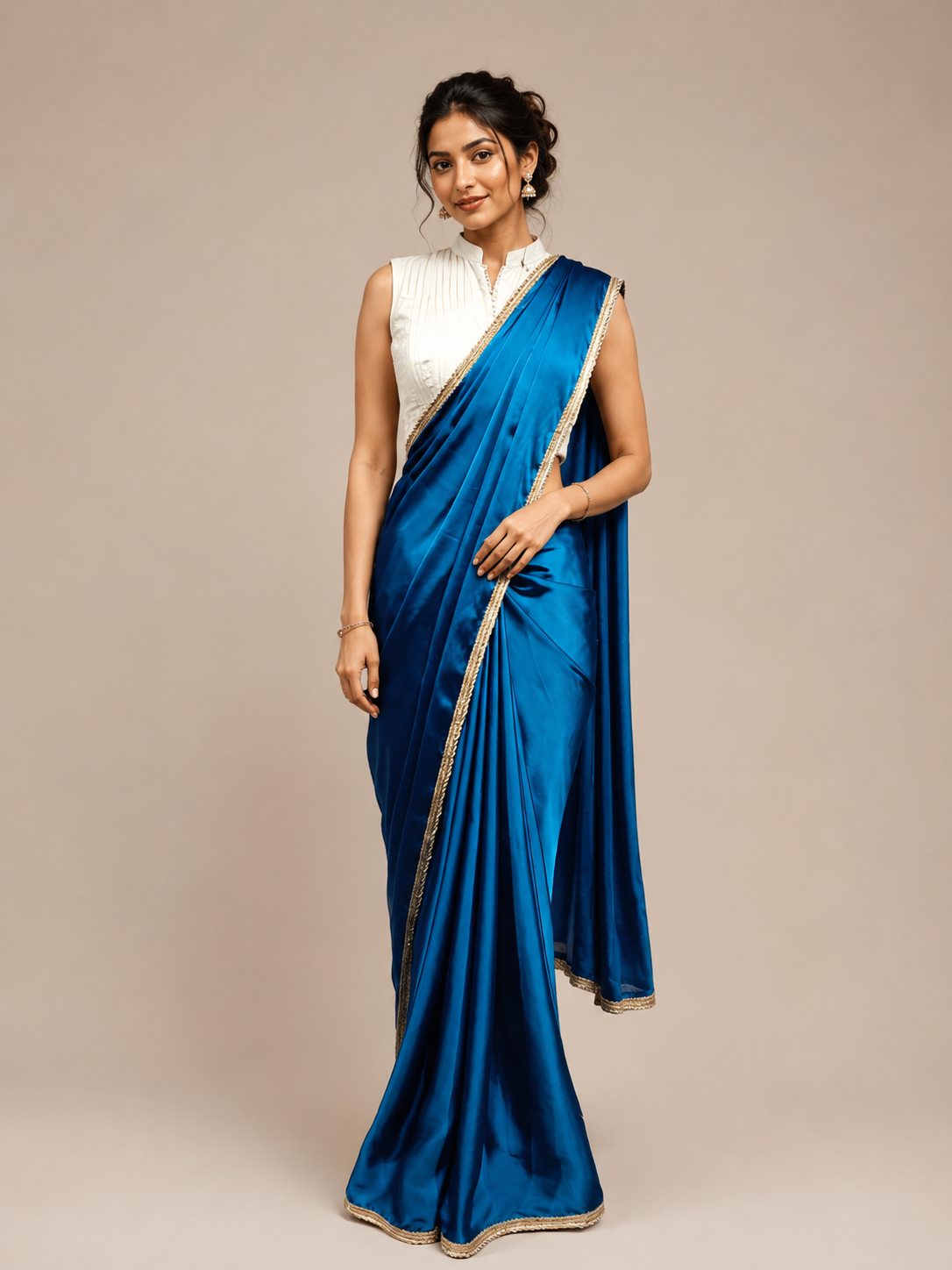 Modal Satin Saree with contrast blouse with side sherring