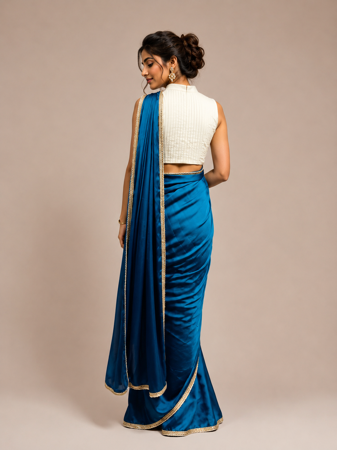 Modal Satin Saree with contrast blouse with side sherring