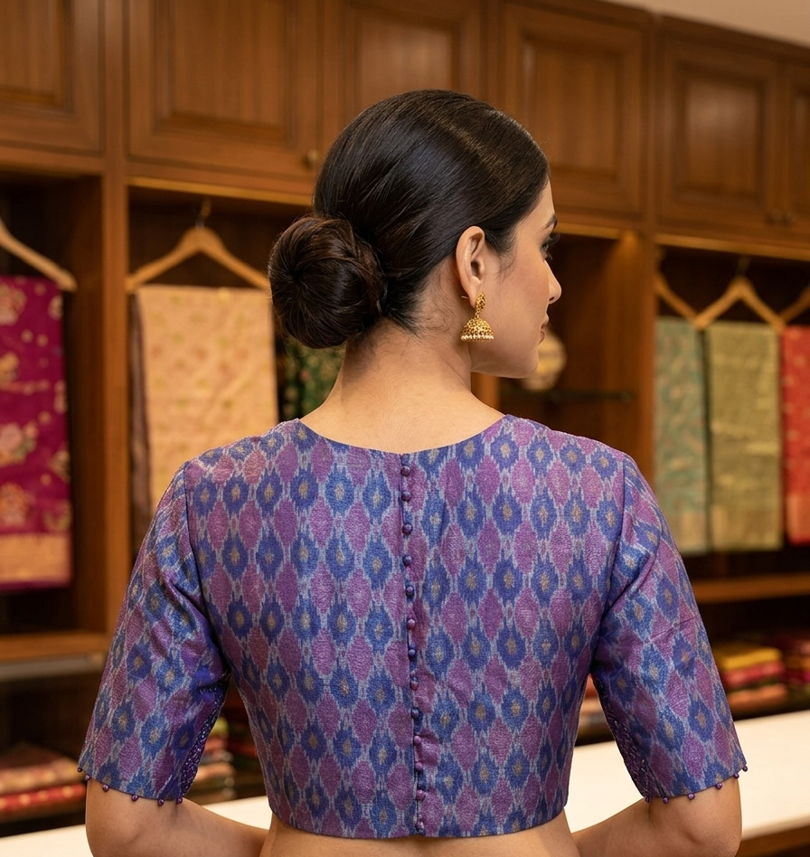Blue Ikkat Blouse with Side shirring for wedding and festive wear