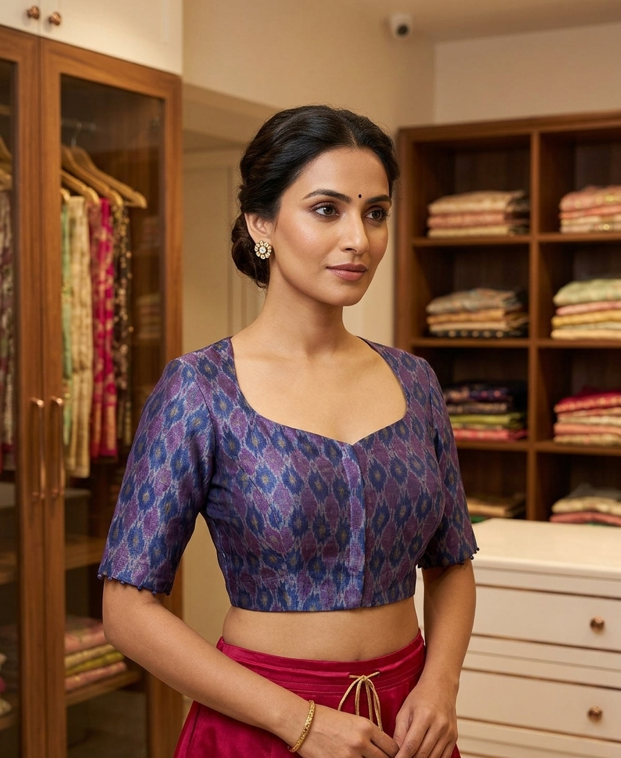 Blue Ikkat Blouse with Side shirring for wedding and festive wear