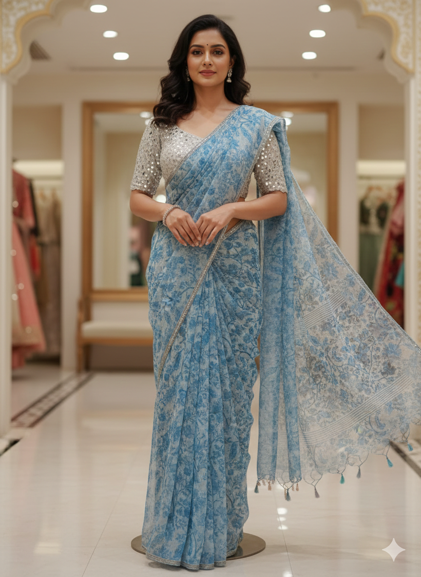 Blue Printed Organza Saree