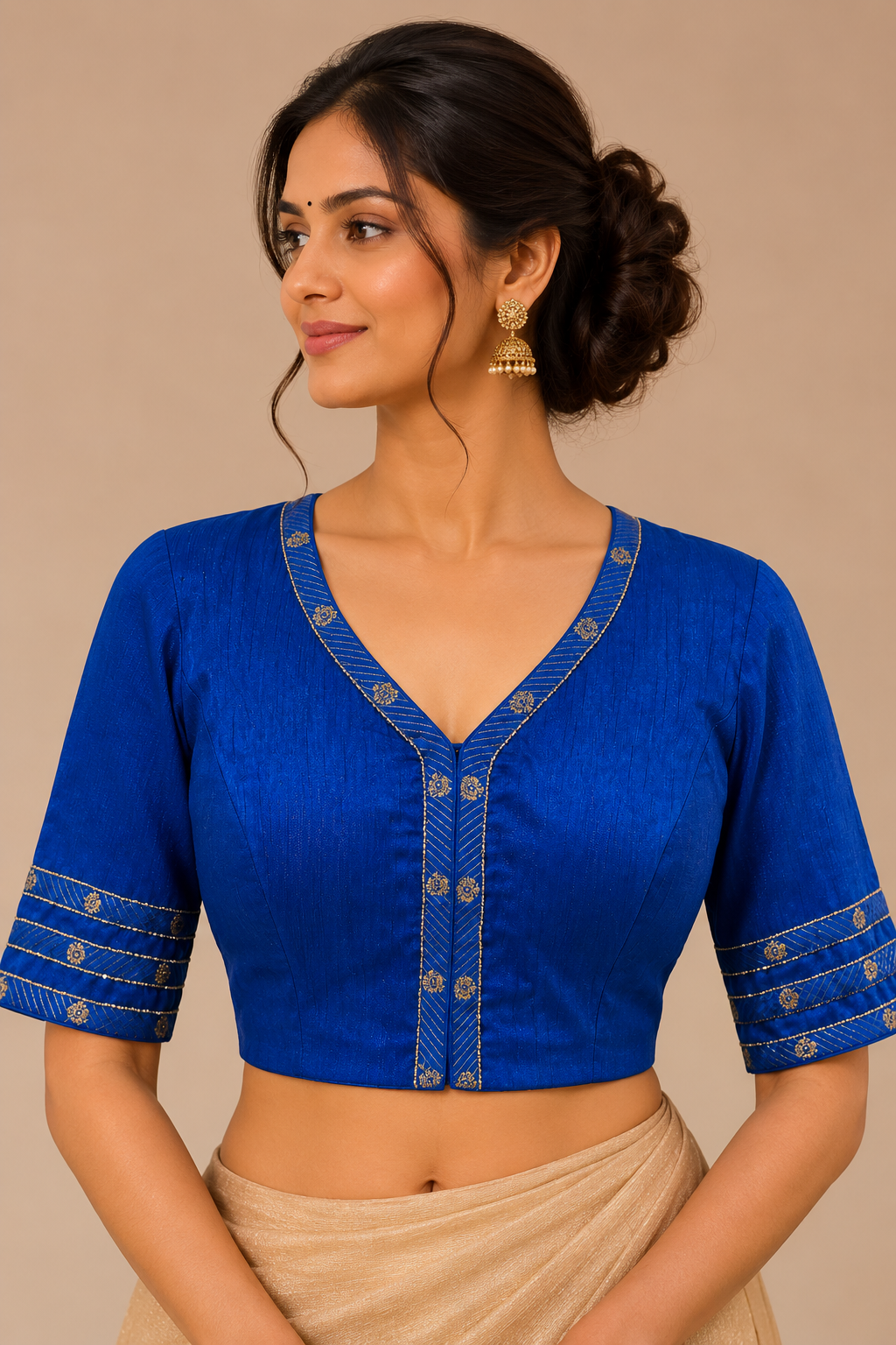 Blue Banglore Silk Blouse With Borders For Festive and wedding wear
