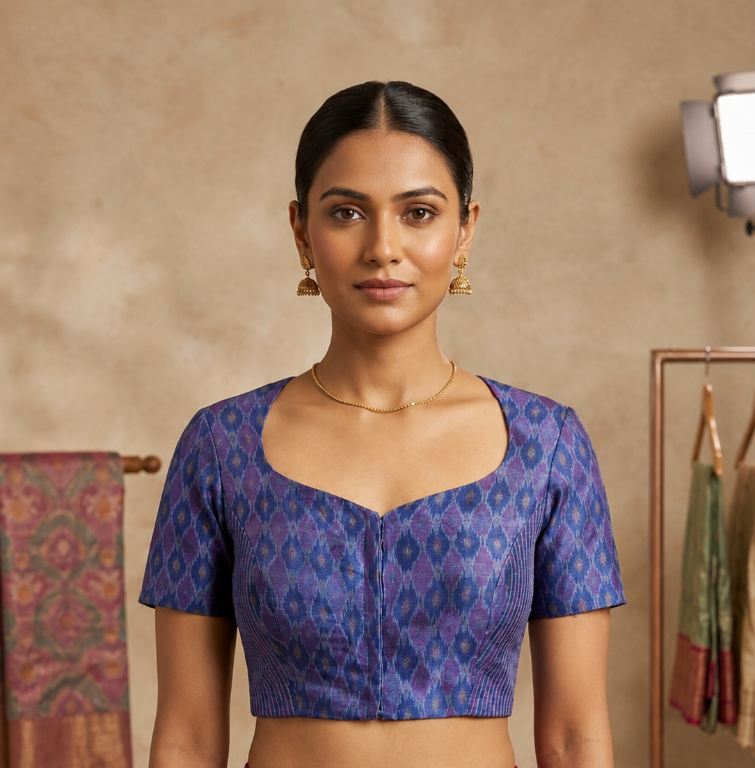 Blue Ikkat Blouse with Side shirring for wedding and festive wear