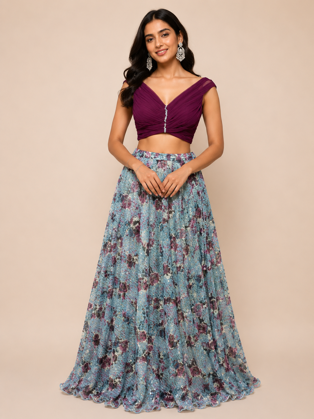 Blue sequined Skirt and Ruffled Crop top for wedding and festive wear