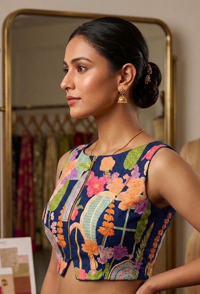 Blue Printed Blouse with Side Shirring