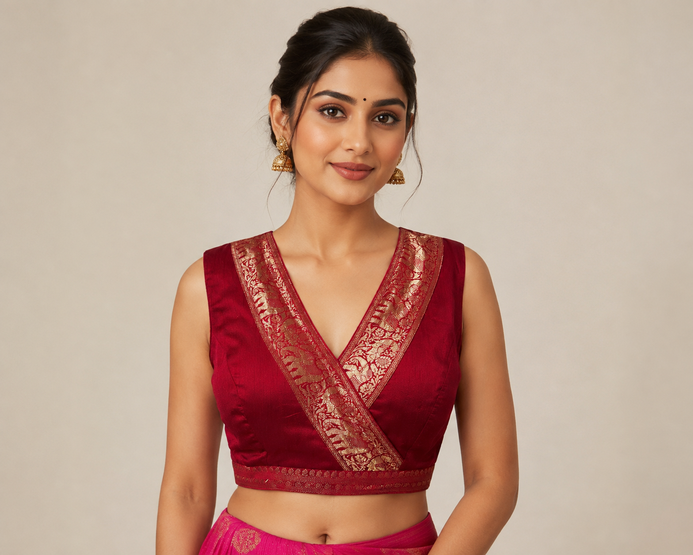 Maroon Bangalore silk Sleeveless Blouse with borders