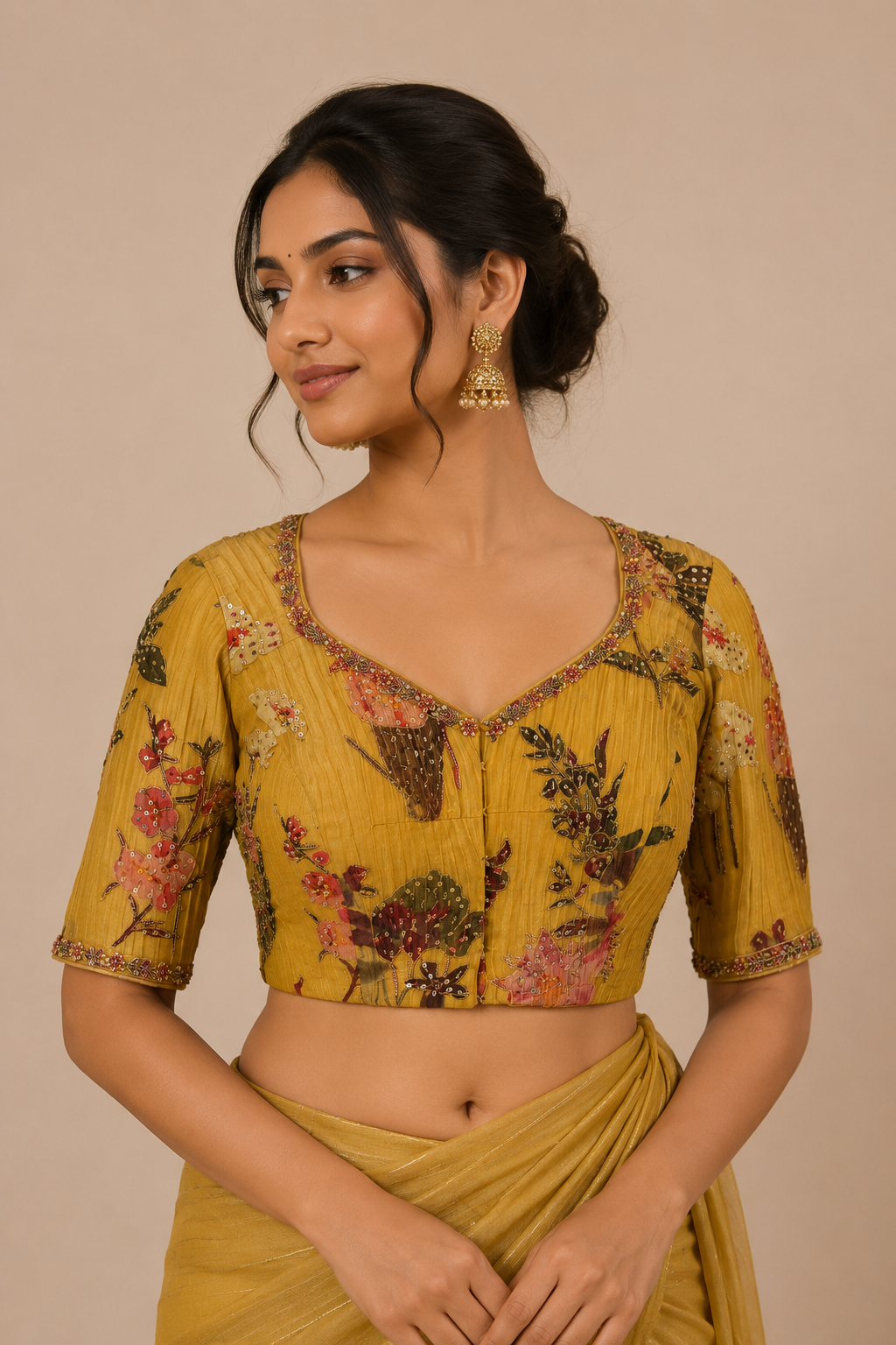 Chrome Yellow digital print Hand Embroidered Blouse for wedding and festive wear