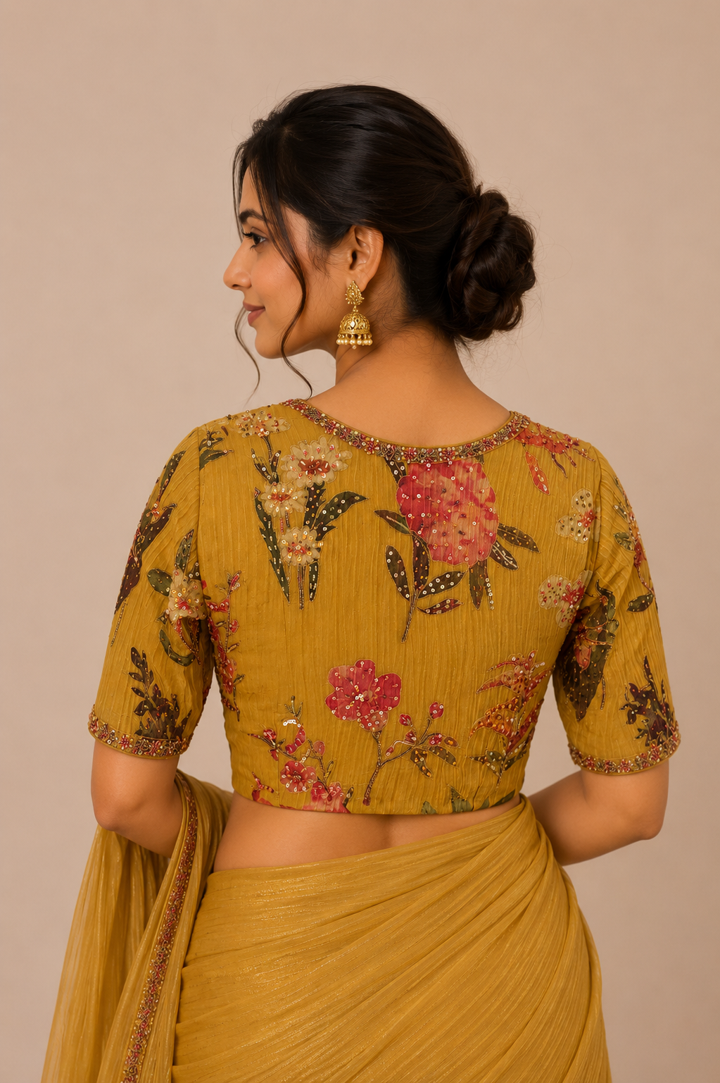 Chrome Yellow digital print Hand Embroidered Blouse for wedding and festive wear