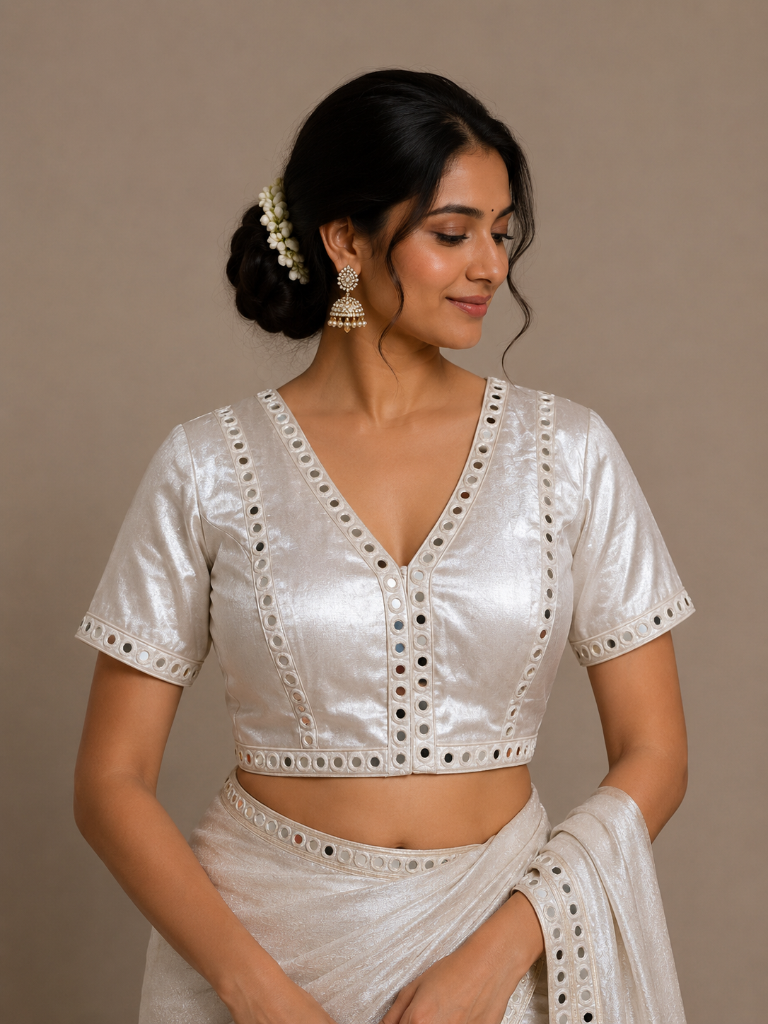 White Mashru Mirror Work Jacket Blouse