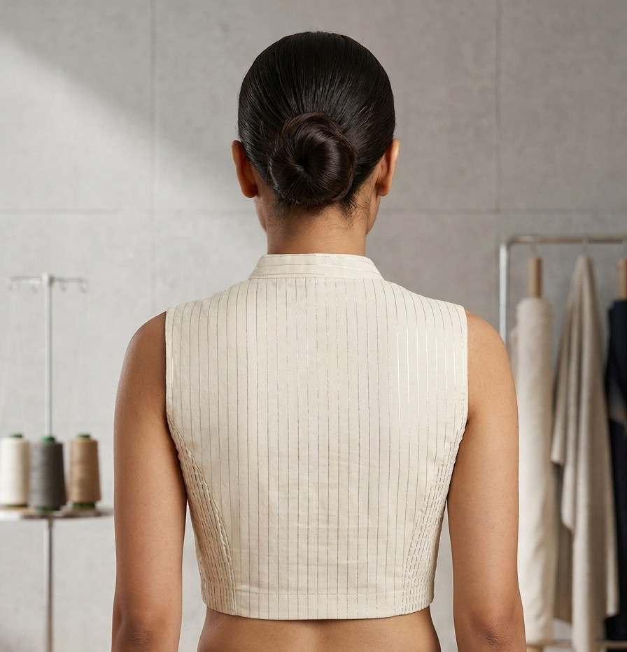 Sleeveless Cream mandarin collared Blouse with Side Shirring