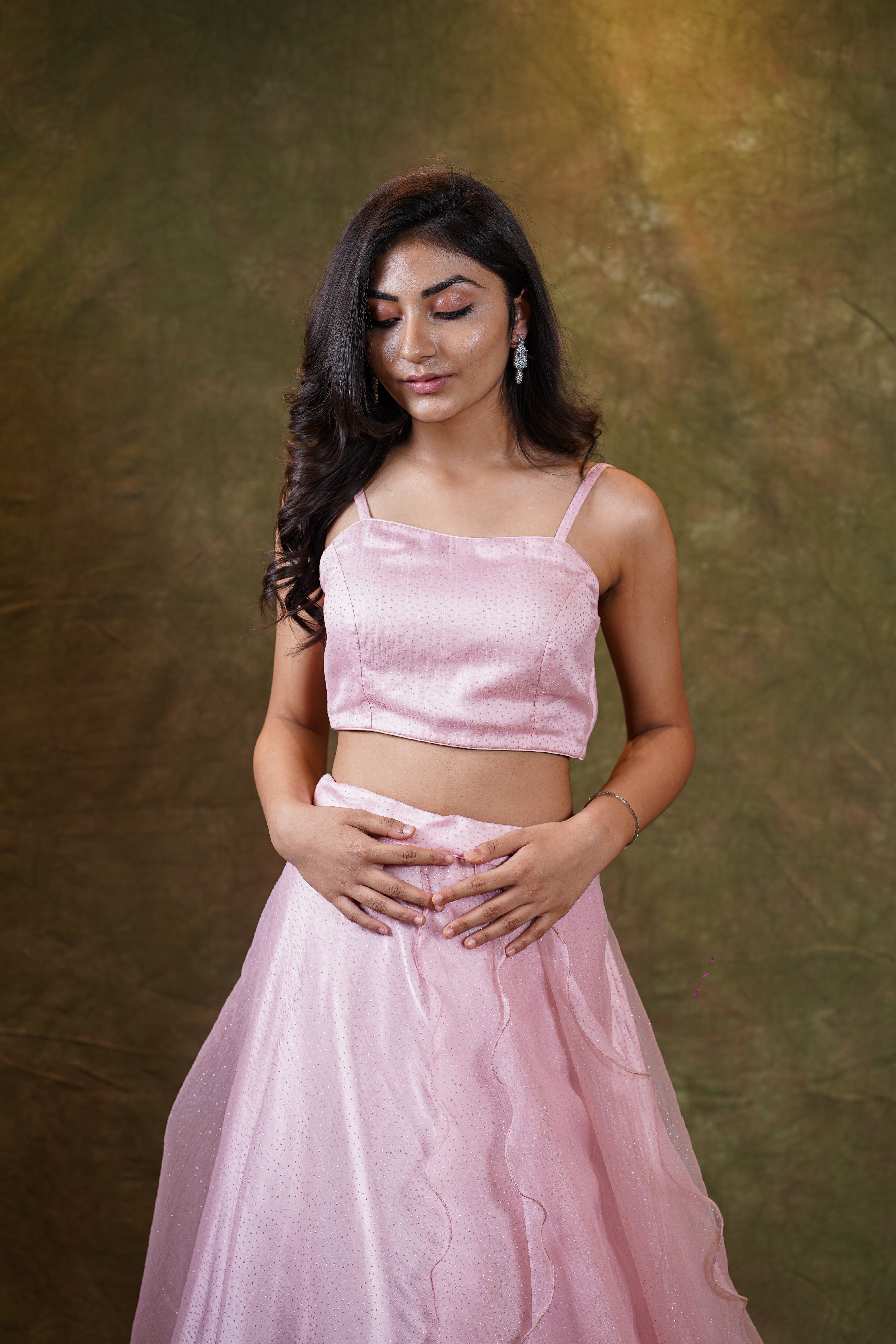Pink organza lehenga with Spaghetti blouse for wedding and festive wear