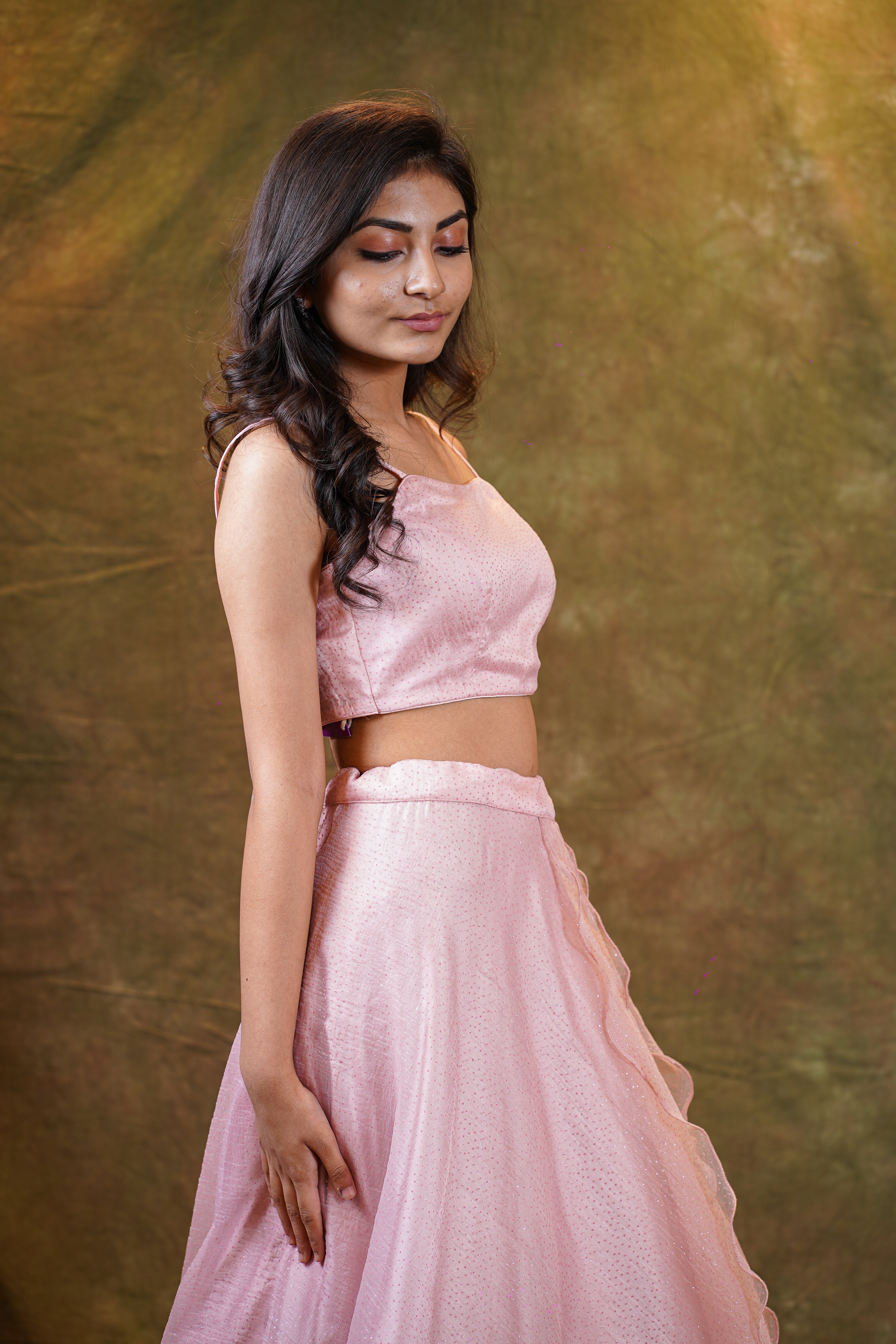 Pink organza lehenga with Spaghetti blouse for wedding and festive wear