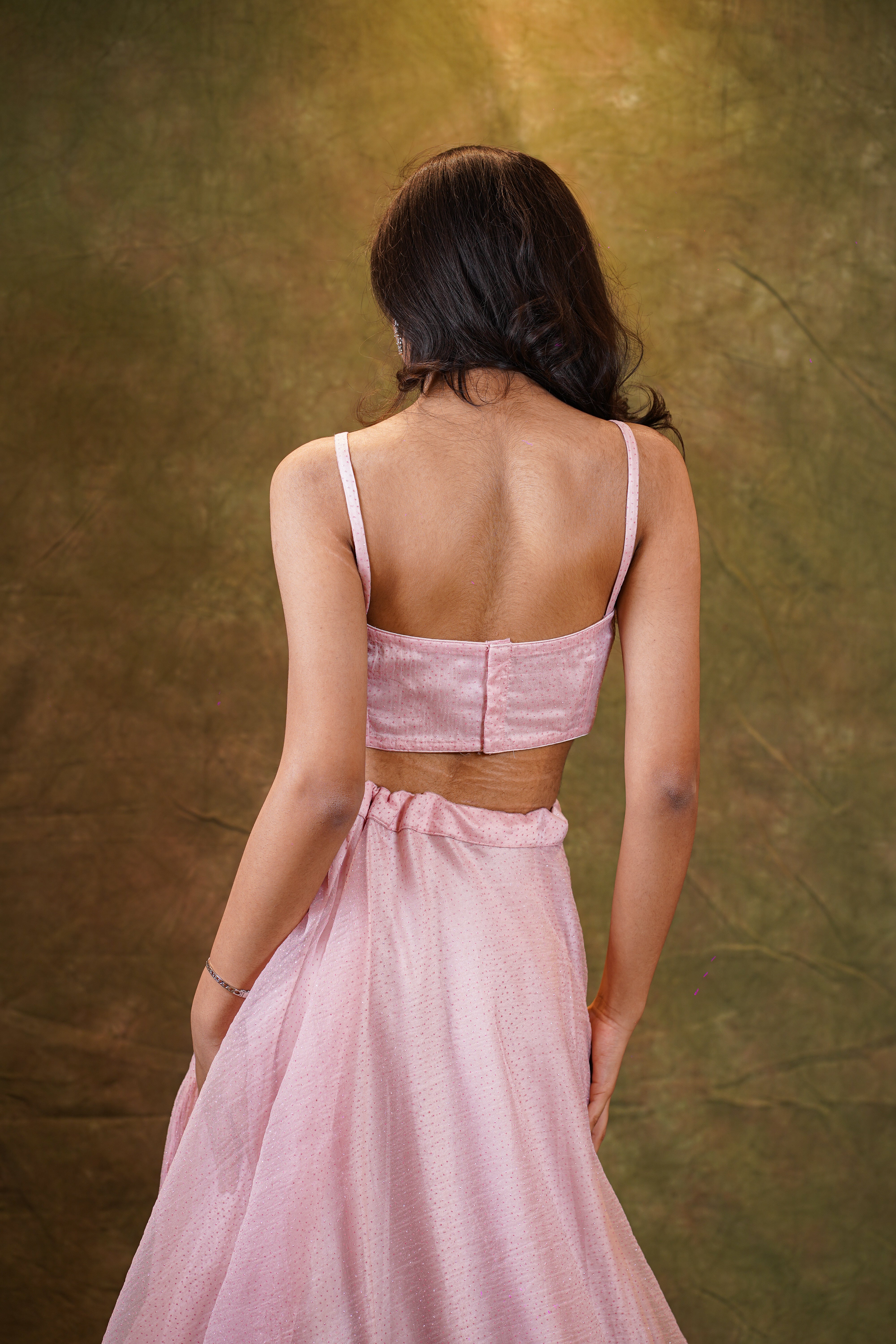 Pink organza lehenga with Spaghetti blouse for wedding and festive wear