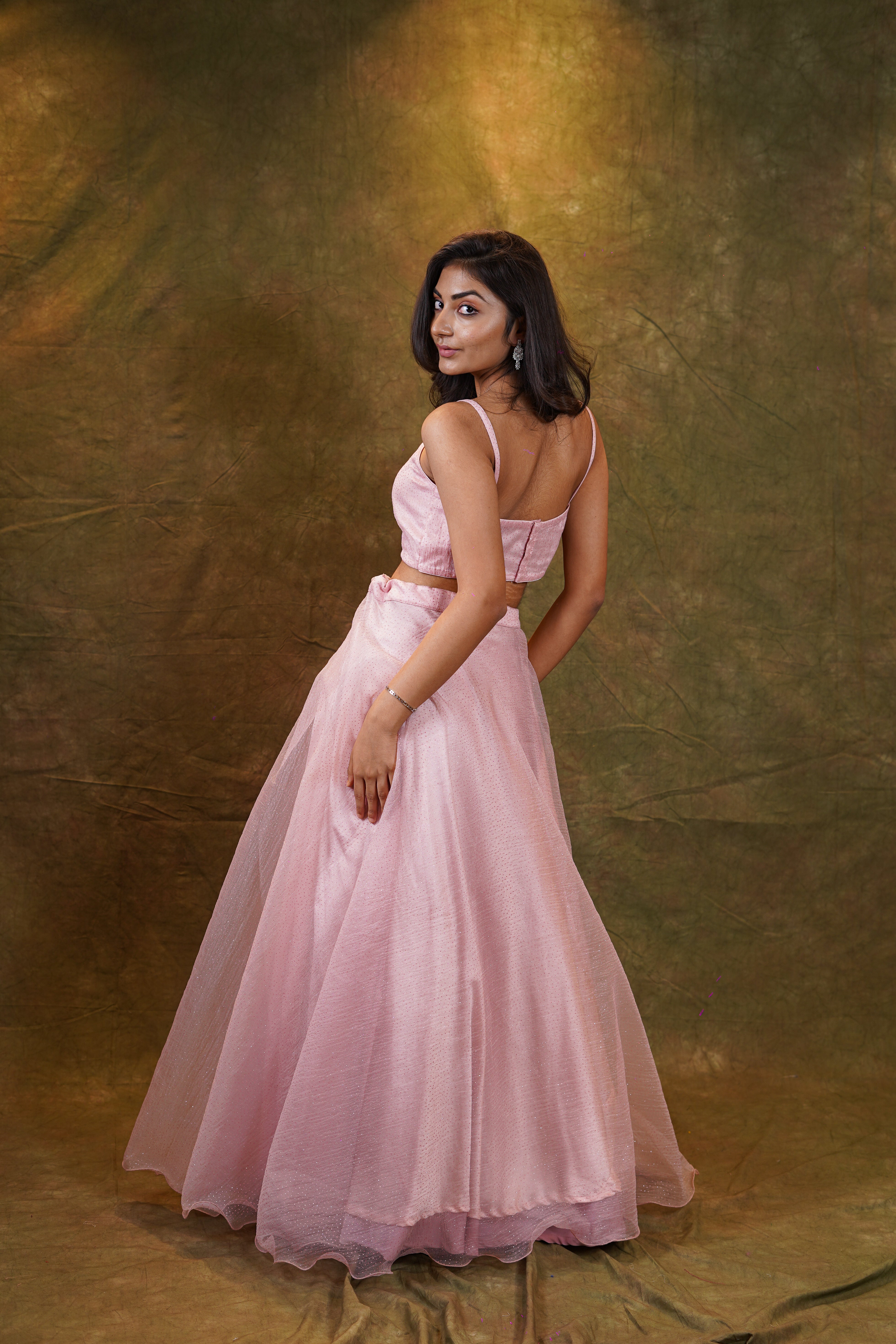 Pink organza lehenga with Spaghetti blouse for wedding and festive wear