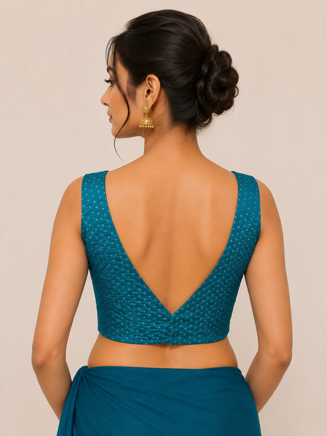 Emerald Green Brocade Sleeveless Blouse with Gold Zari Buttas with Side Shirring