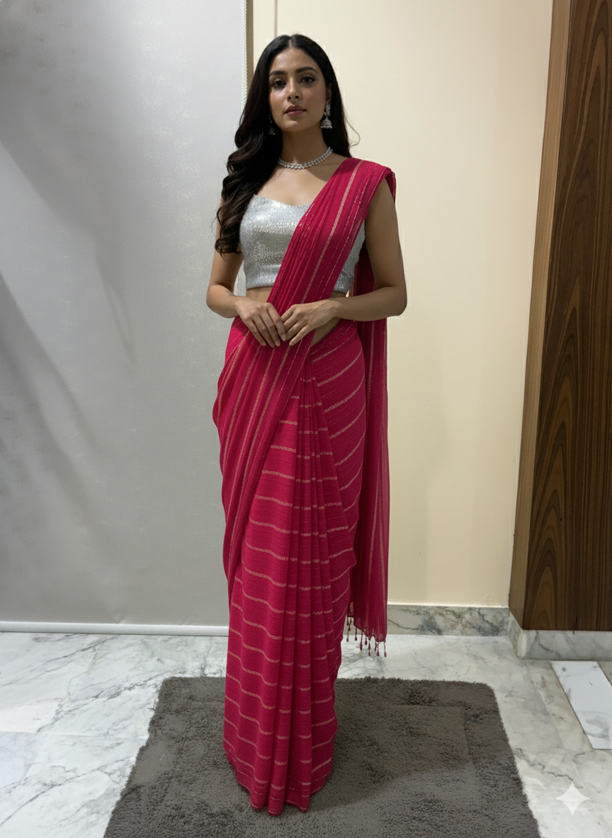 Rose Radiance – Silver Striped Shimmer Saree