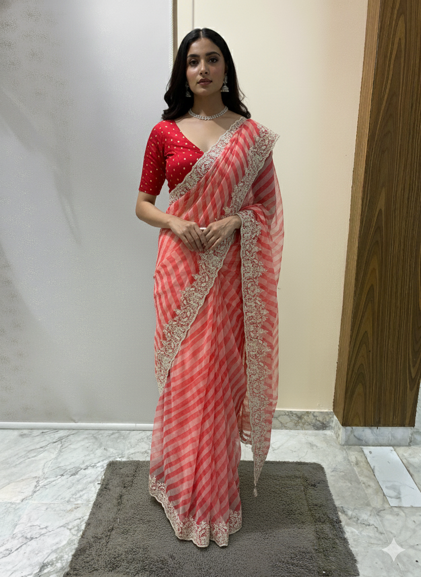 Crimson Waves – Cream & Red Leheriya Pearl Saree Set