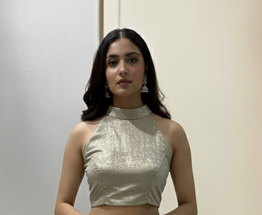 Champagne Glow – Shimmer Halter Neck Blouse for wedding and festive wear