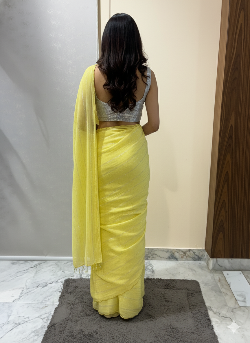 Lemon Luster – Silver Striped Shimmer Saree