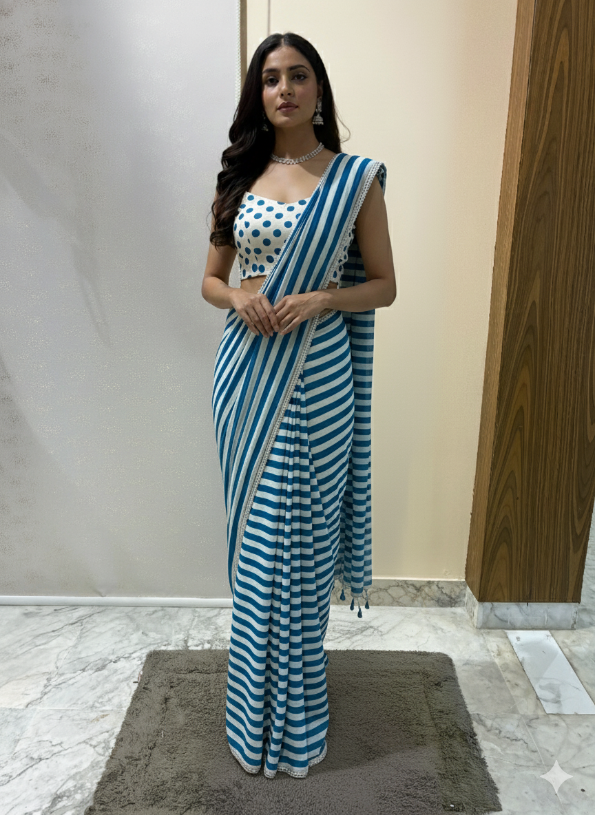 Azure Lines – White & Blue Striped Embroidered Saree