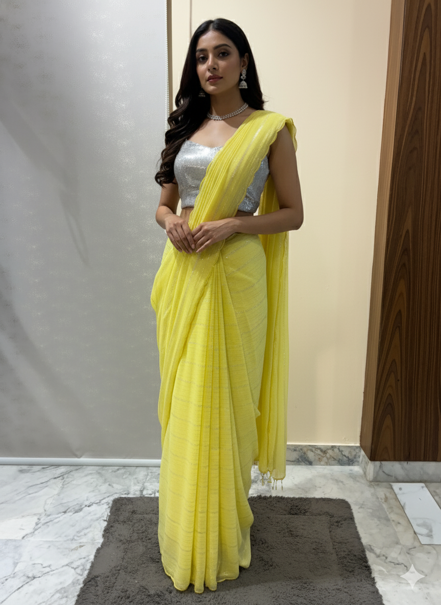 Lemon Luster – Silver Striped Shimmer Saree
