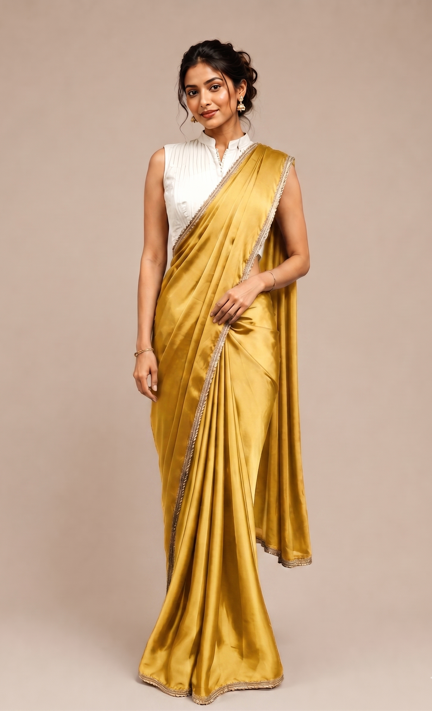 Modal Satin Saree with contrast blouse with side sherring