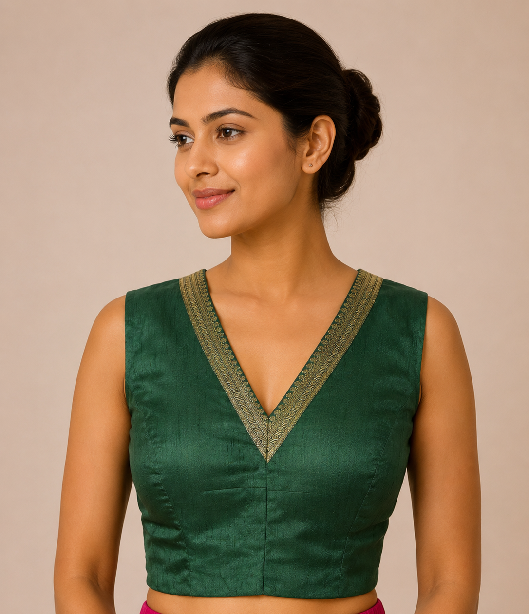 Green Banglore silk Sleeveless Blouse with Side Shirring