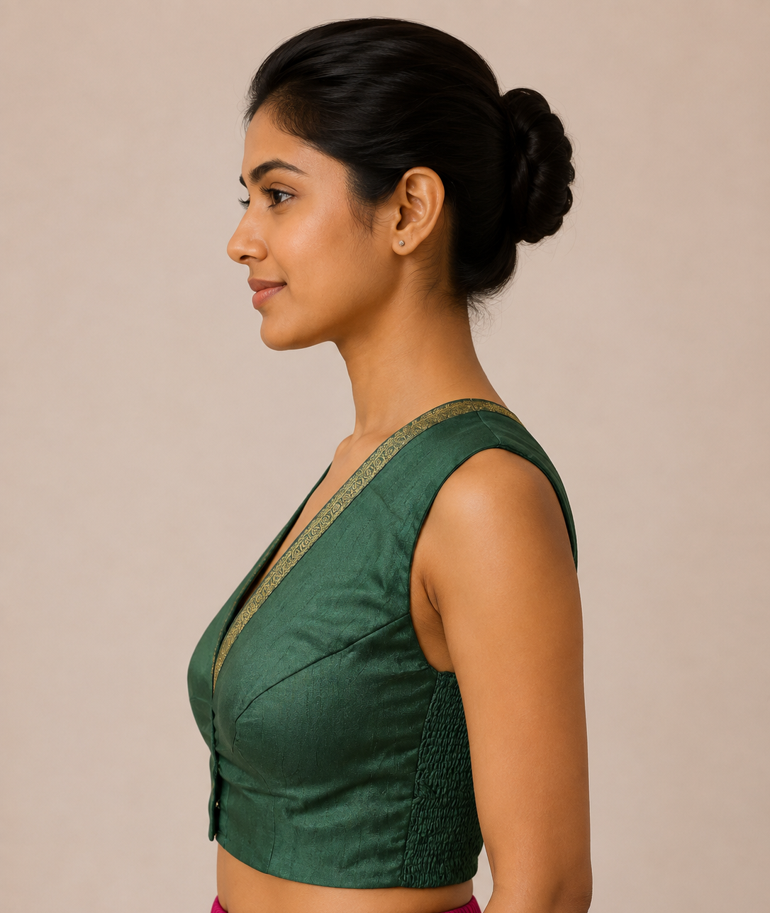 Green Banglore silk Sleeveless Blouse with Side Shirring