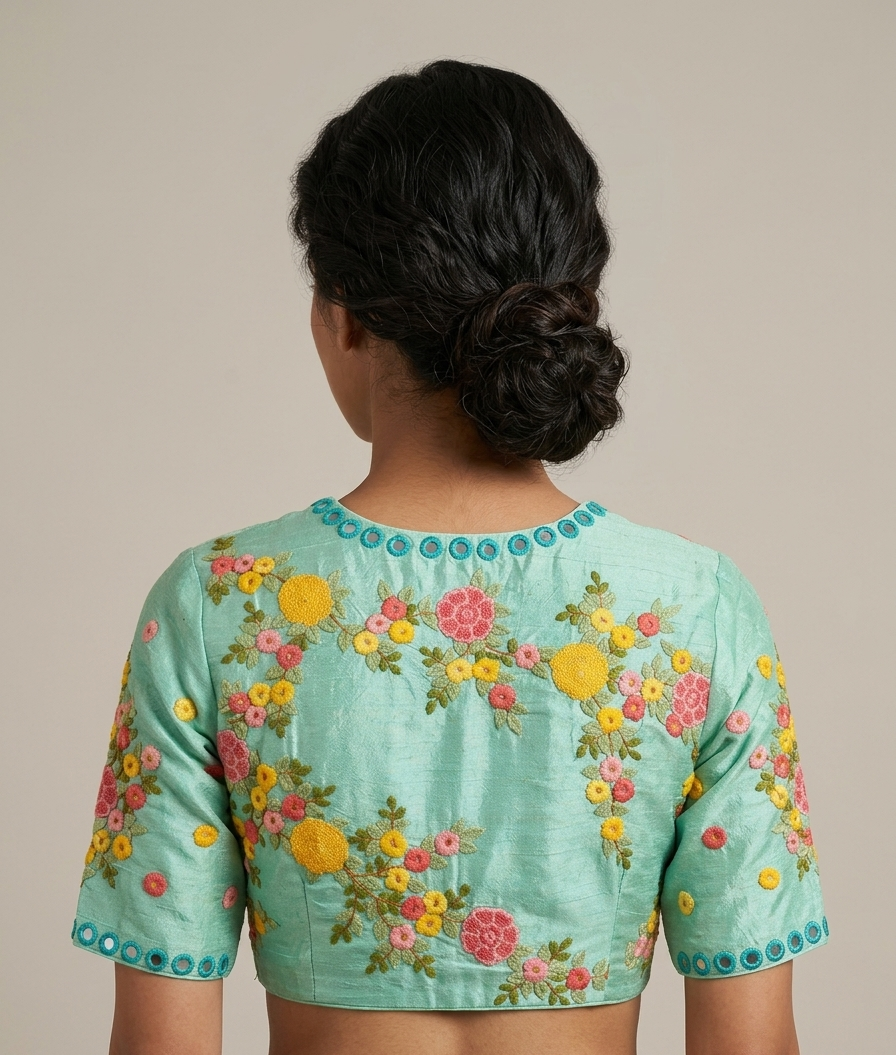Pista Green Raw silk blouse with French knot Hand Embroidery
