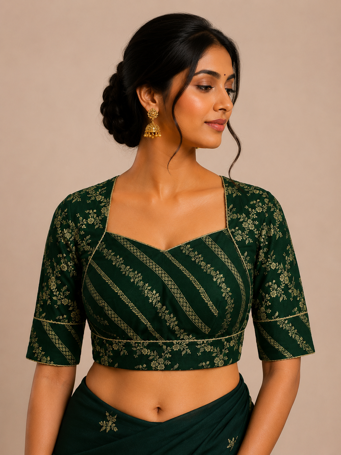 Green Maharani style brocade blouse for wedding and festive wear