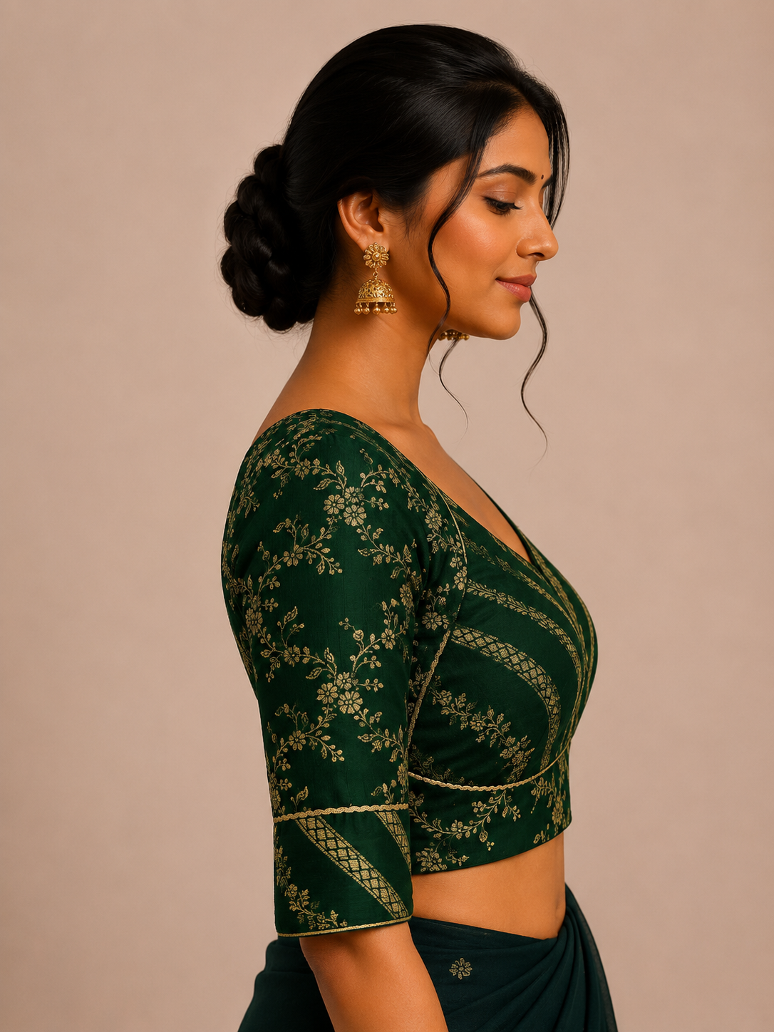 Green Maharani style brocade blouse for wedding and festive wear
