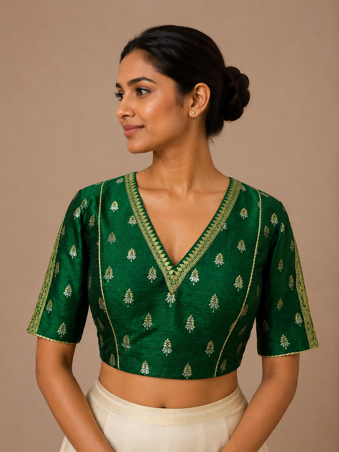 Green Rawsilk brocade Blouse With Borders For Festive and wedding wear