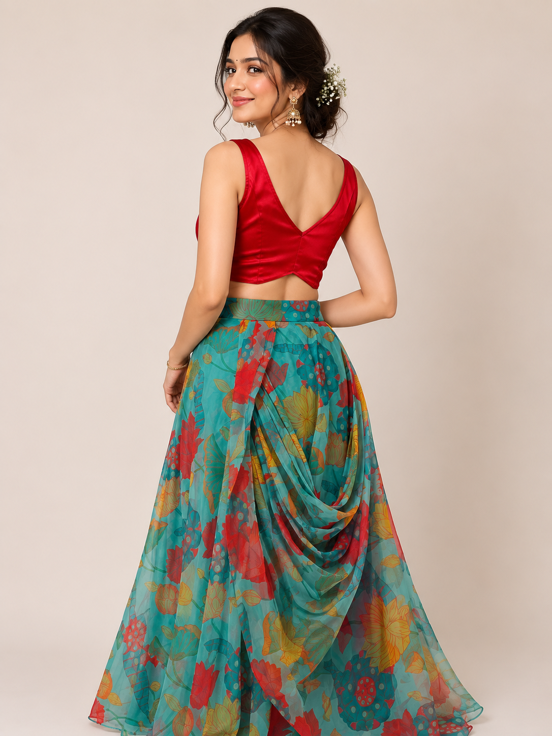 Green Printed Organza Skirt and Crop top for wedding and festive wear