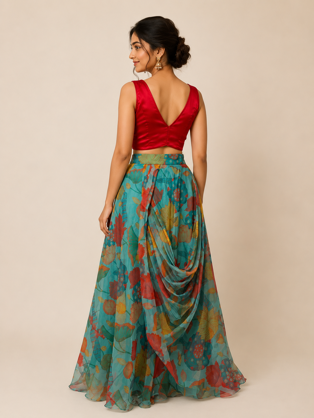 Green Printed Organza Skirt and Crop top for wedding and festive wear