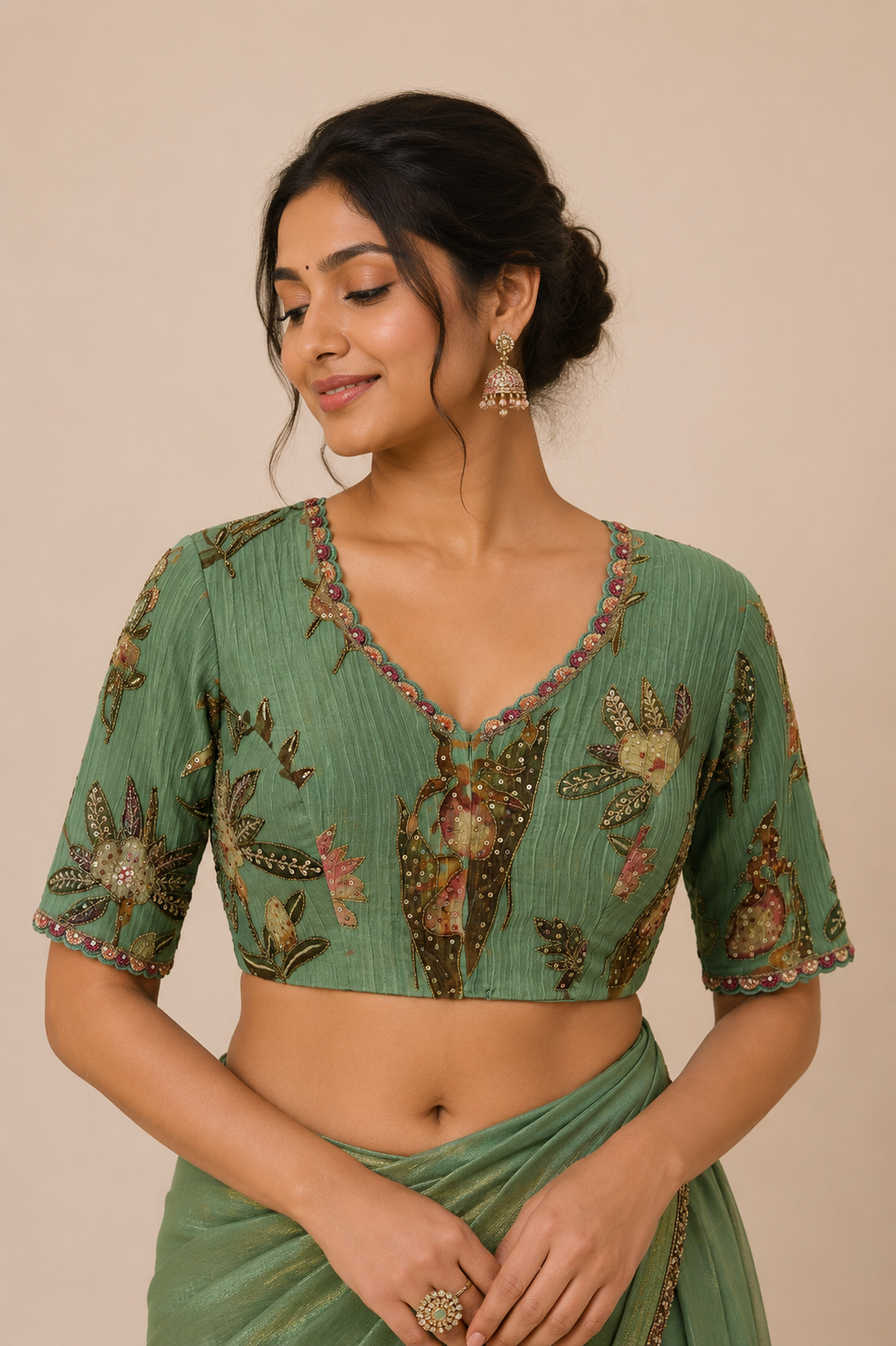 Green digital print Hand Embroidered Blouse for wedding and festive wear