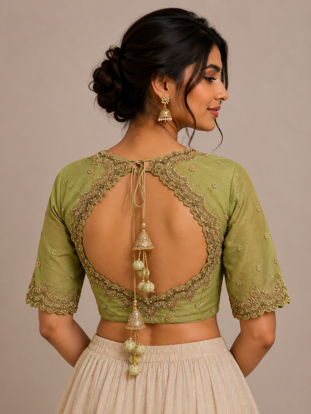Green Tissue Zardosi Blouse with Scalloped Hand Embroidery for festive and wedding wear