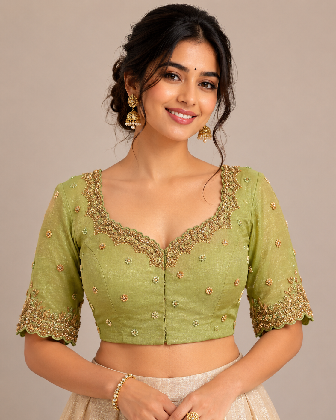 Green Tissue Zardosi Blouse with Scalloped Hand Embroidery for festive and wedding wear