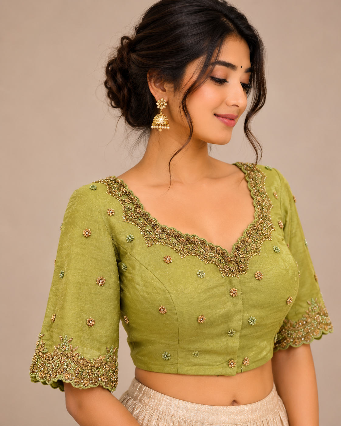 Green Tissue Zardosi Blouse with Scalloped Hand Embroidery for festive and wedding wear