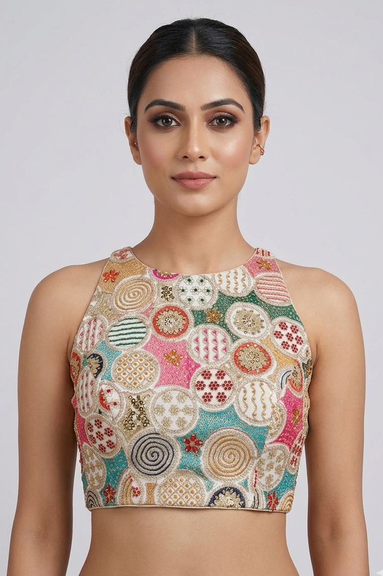 Multi-color Machine Embroidered Halter Blouse