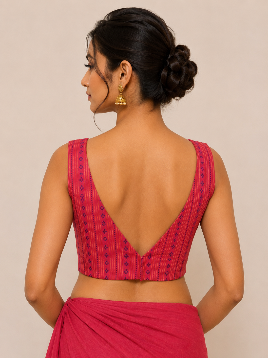 Handloom Reddish Pink Sleeveless Blouse with Side Shirring