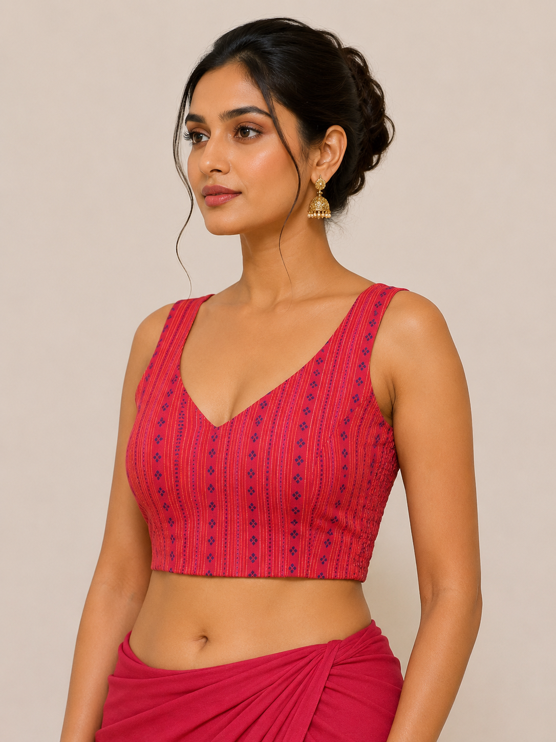 Handloom Reddish Pink Sleeveless Blouse with Side Shirring