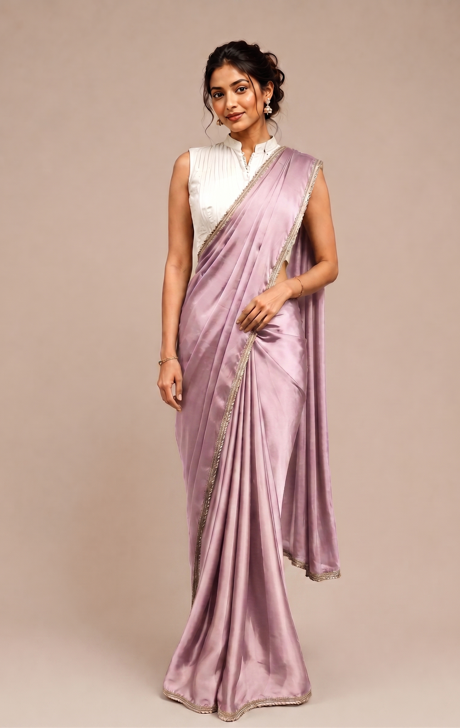 Modal Satin Saree with contrast blouse with side sherring