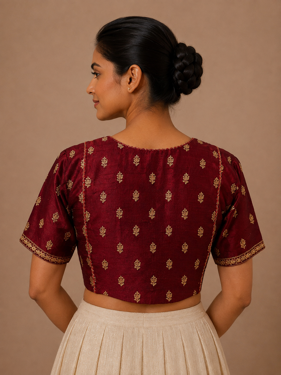 Maroon Brocade Blouse With lace detailing For Festive and wedding wear