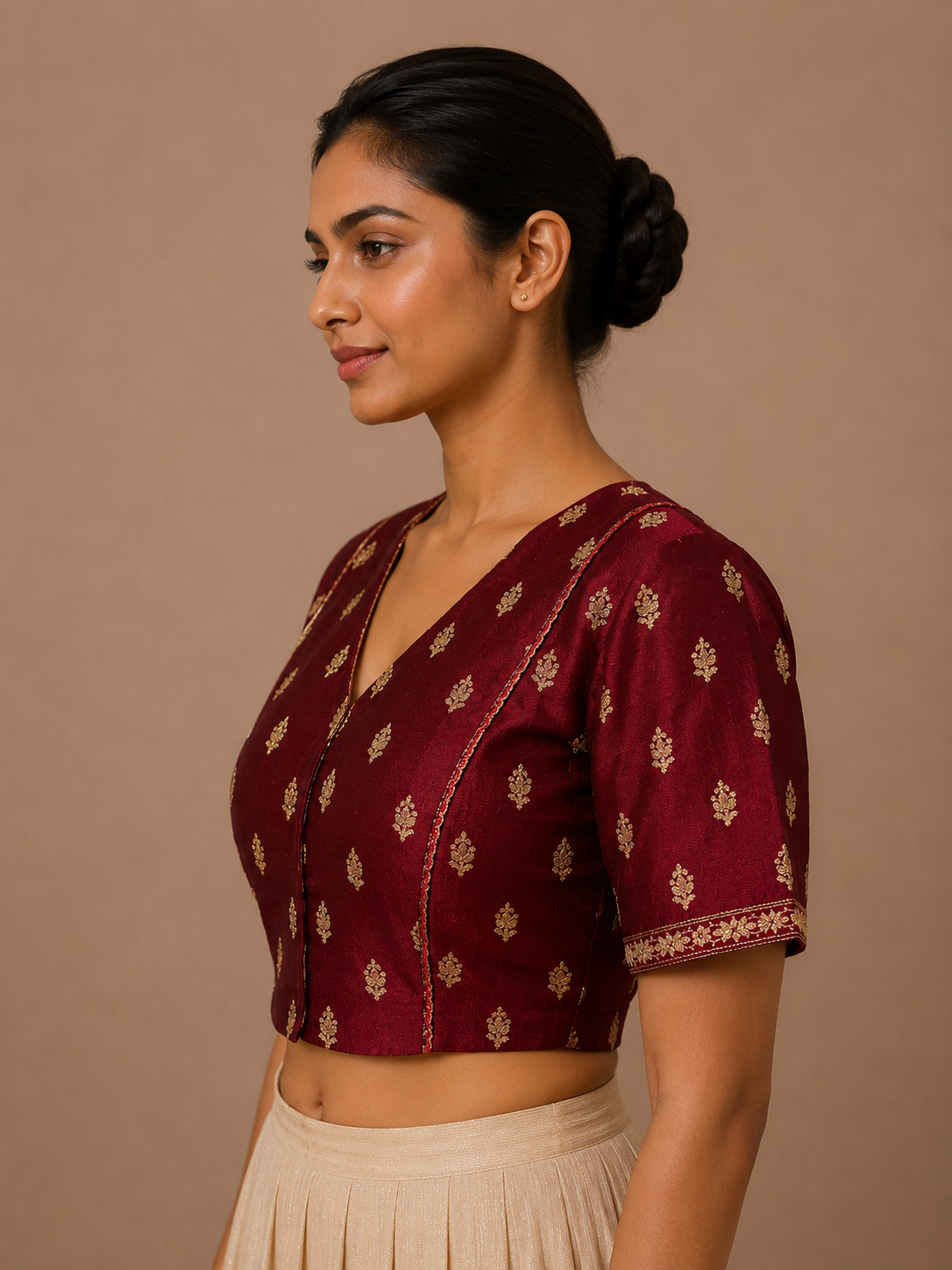 Maroon Brocade Blouse With lace detailing For Festive and wedding wear